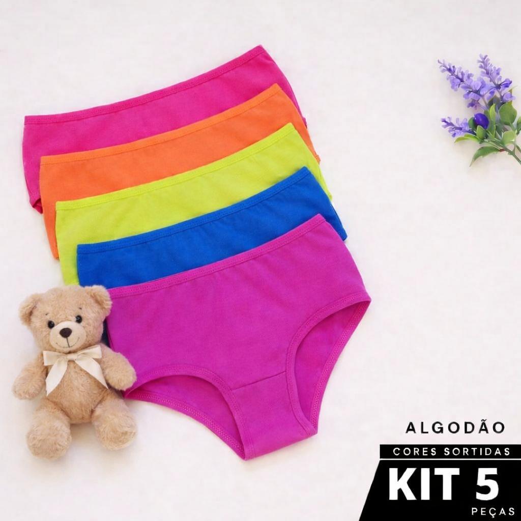 Kit 5 Calcinha Infantil em Cotton Algodão Confortável Calçolinha Juvenil Cctton Algodão em Oferta na Shopee
