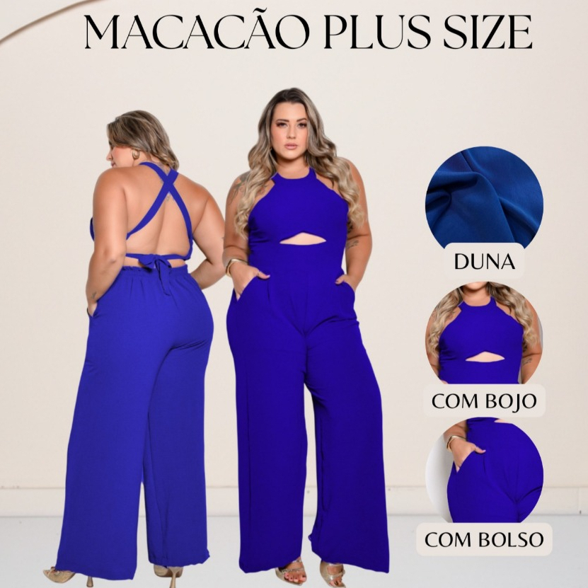 Macacão Feminino Elegante Plus Size Estilo Pantalona Com bolso e Alças regulaveis e Decote Na Barriga