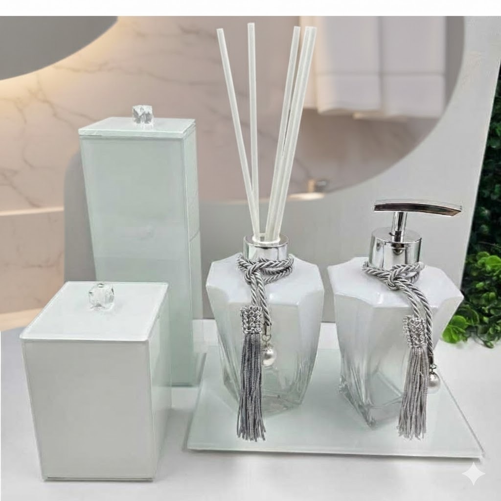 Kit Lavabo Luxo Elegance Branco Degrade Porta Escova, Porta Cotonete e Bandeja