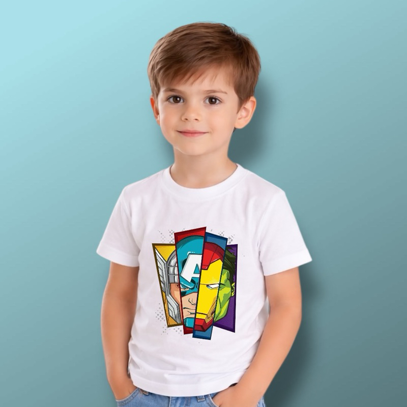 Camiseta Infantil Básica Algodão com Estampa de Personagens heróis Confortável Moderna Menino