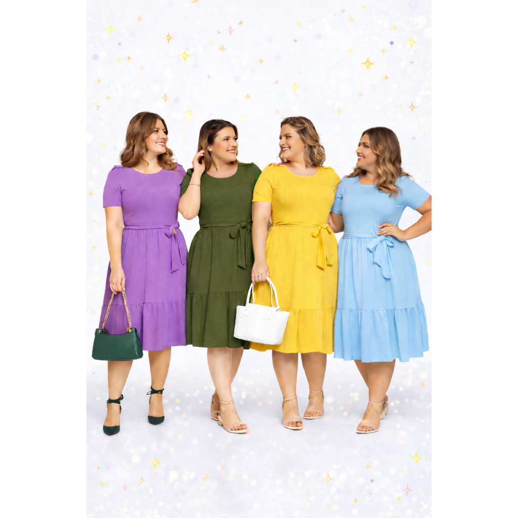 Vestido Plus Size Moda Evangélical Social Midi Godê Com Lycra Com cinto Rodado Soltinho Evase Boneca Compostado Luxo