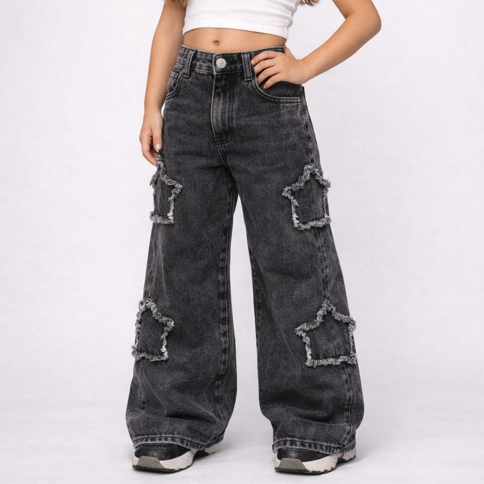 Calça Jeans Juvenil Menina Wide Leg Destroyed Estrela de Primavera Cinza Marmorizado