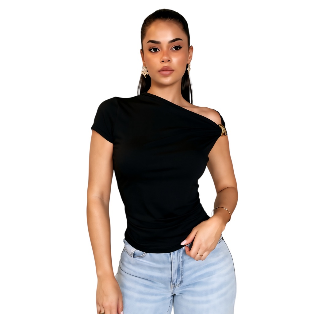 Blusa Feminina elegante mula manca assimetrica estilosa com fivela moda 2026