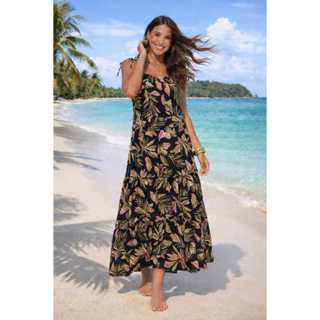 Vestido longo com estampa tropical, perfeito para dias quentes e ocasiões casuais. em Oferta na Shopee