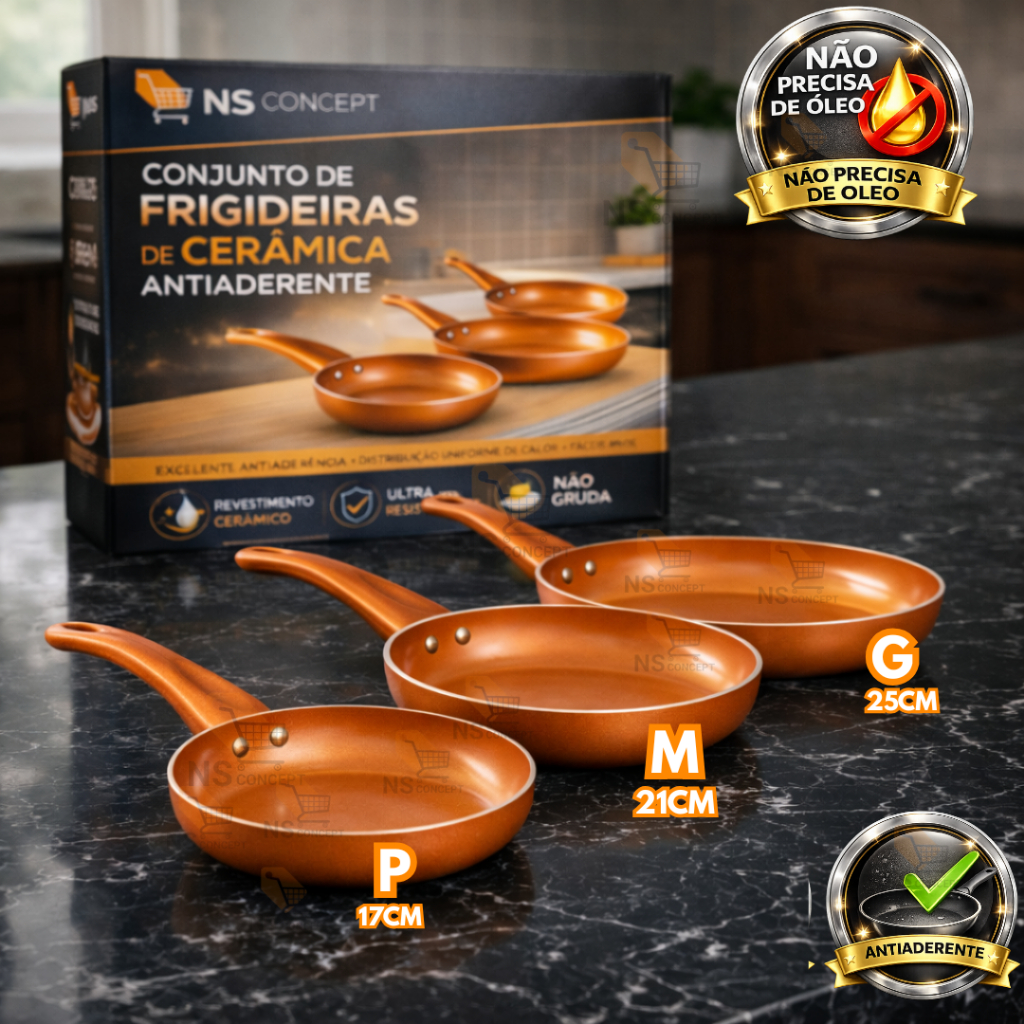 Imagem Jogo Frigideiras de Cerâmica Antiaderente Cobre Premium Cabo Ergonômico Revestimento Durável Cozinha Moderna
