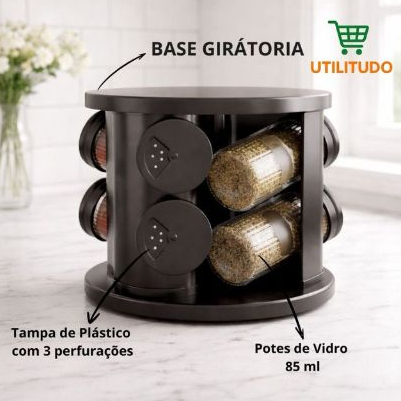 Porta Temperos Giratório Com 6 Potes de Vidro 85ml Design Moderno em Oferta na Shopee