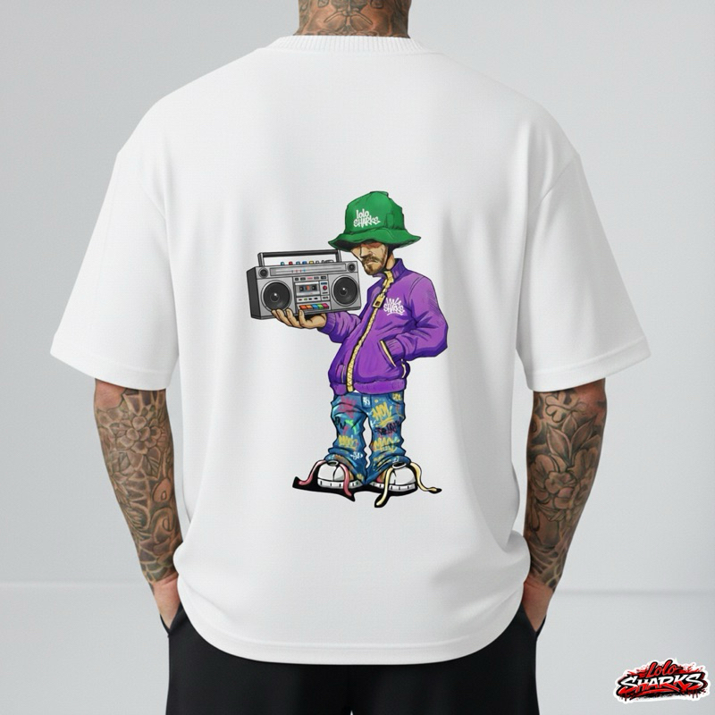 Camiseta oversized masculina Streetwear Premium 100% Algodão estampada frente e costas au-au lolosharks
