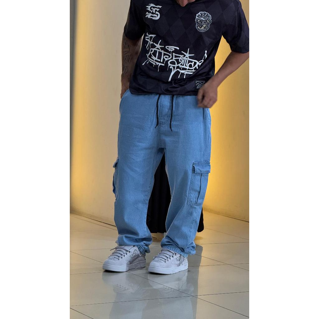 Calça Cargo larga masculina feminina 6 bolsos  street skate Jeans Claro Cos Elástico