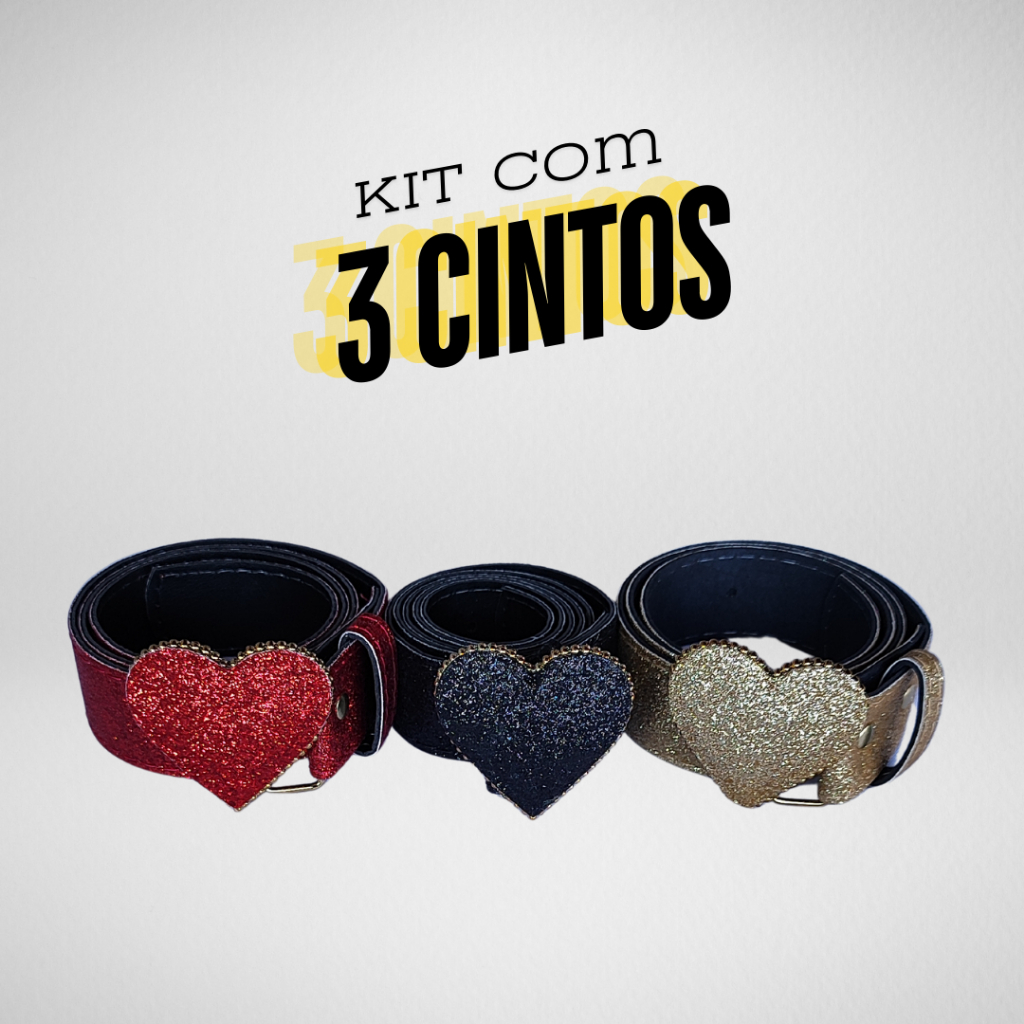 Kit 3 Cintos Moda Infantil Kids Mini Diva Fivela Premium De Coração Com Brilhos Glitter Em Couro