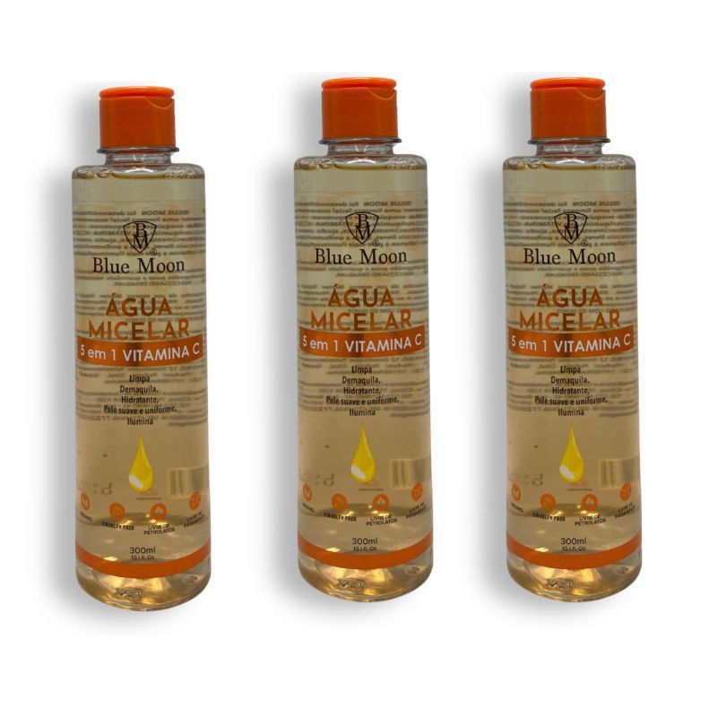 Kit 3 Água Micelar Vitamina C Blue Moon 300ml – Limpa, Demaquila, Hidrata e Ilumina a Pele em Oferta na Shopee