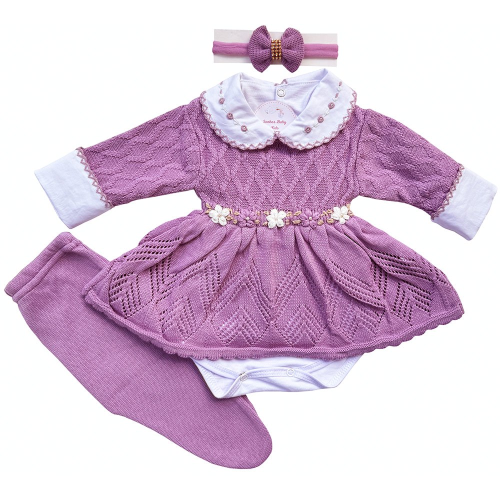 vestido bebe menina tricot kit recem nascido feminino luxo para saída maternidade em Oferta na Shopee