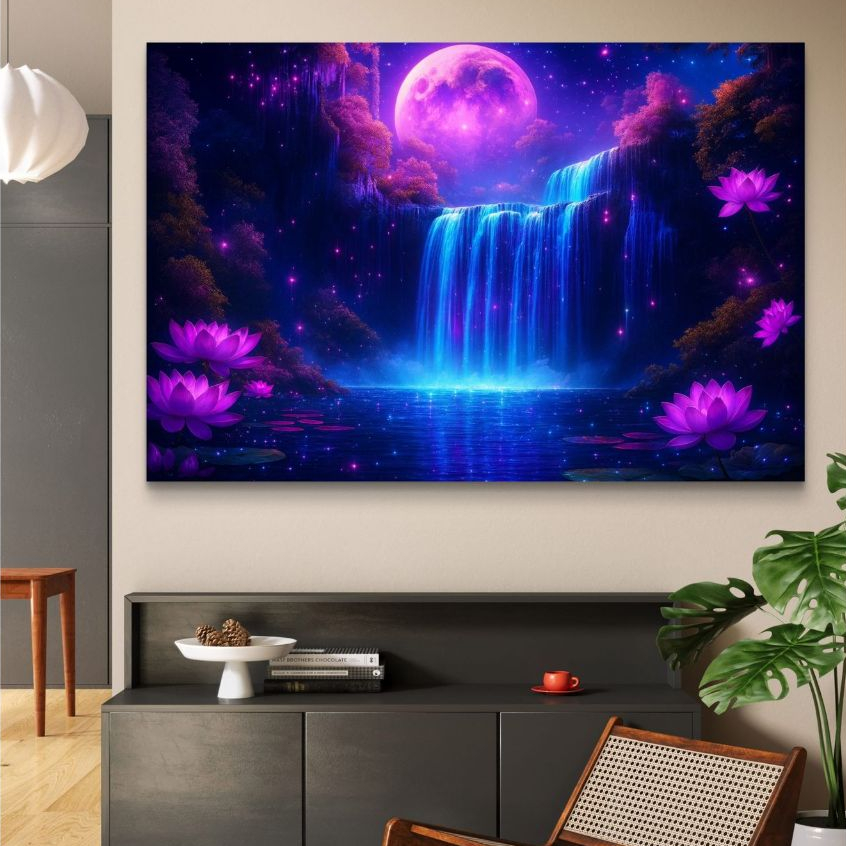 Quadro Decorativo Cachoeira Mística Com Lua E Flor De Lótus MDF 110x80 Arte Moderna Para Sala Quarto