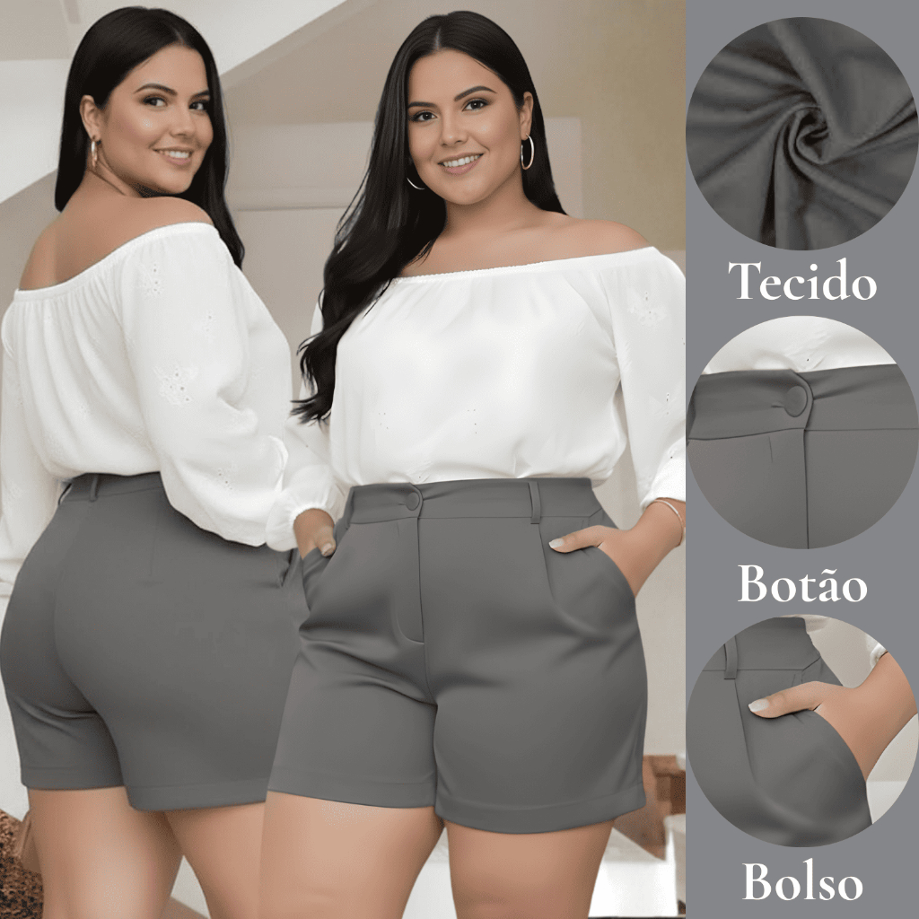 Short Feminino Plus Size Alfaiataria, Bolsos, Zíper, Botão, Passador