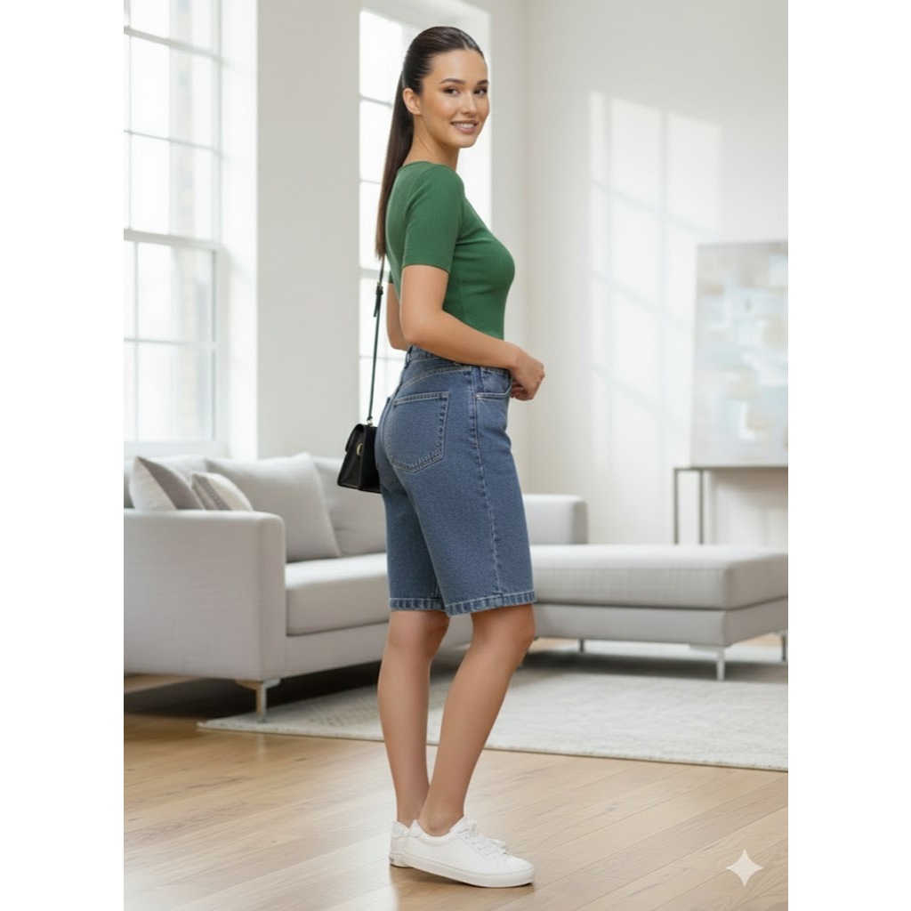 Bermuda Jeans Feminina  Jorts Cintura Alta Casual em Oferta na Shopee