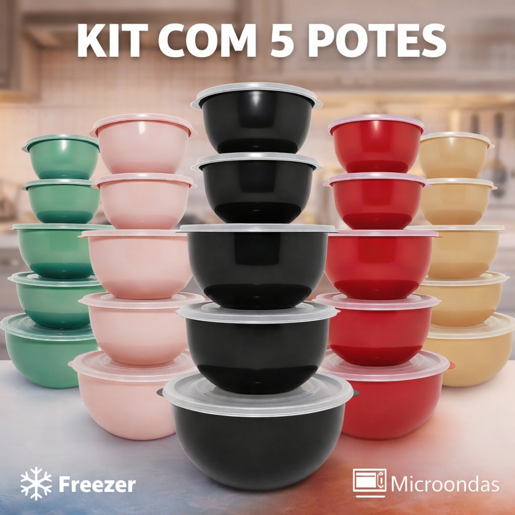 Kit 5 ou  3 Potes de Plástico Saladeira Jogo BOWL P-M-G-XG Armazenar Alimento Mantimento Pipoca