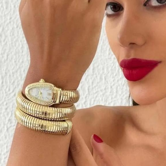 Relógio Feminino Luxo Serpente Dourado – Bracelete Ajustável com Strass e Design Moderno - RF25 em Oferta na Shopee