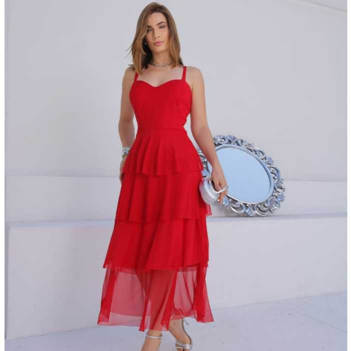 Vestido longo mídi de tule com babados lisos e estampas florais