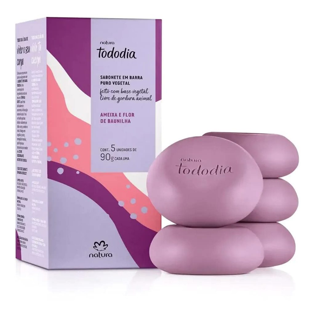 CAIXA DE SABONETE EM BARRA  NATURA TODO DIA AMEIXA E FLOR DE BAUNILHA 5 UNIDADES DE  90 GRAMAS CADA