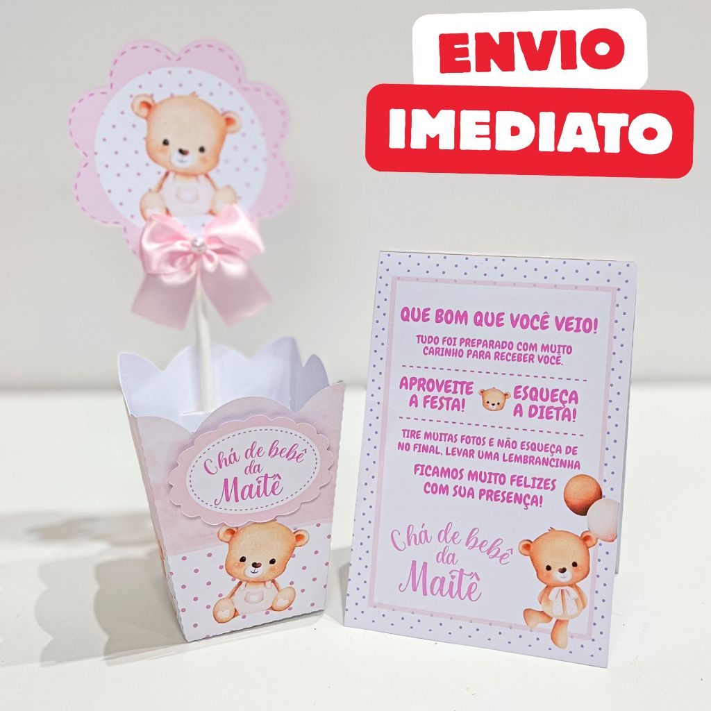 ENVIO RÁPIDO Kit Centro de mesa Chá de Bebê Ursinha Rosa Personalizado Enfeite Cachepô Lembrancinha