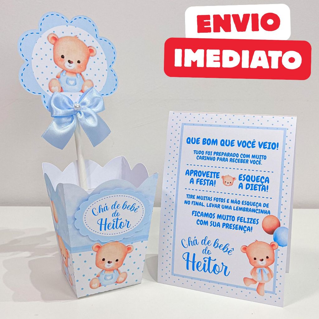 ENVIO RÁPIDO Kit Centro de mesa Chá bebê Ursinho Azul | Personalizado | Enfeite Cachepô Fralda Festa