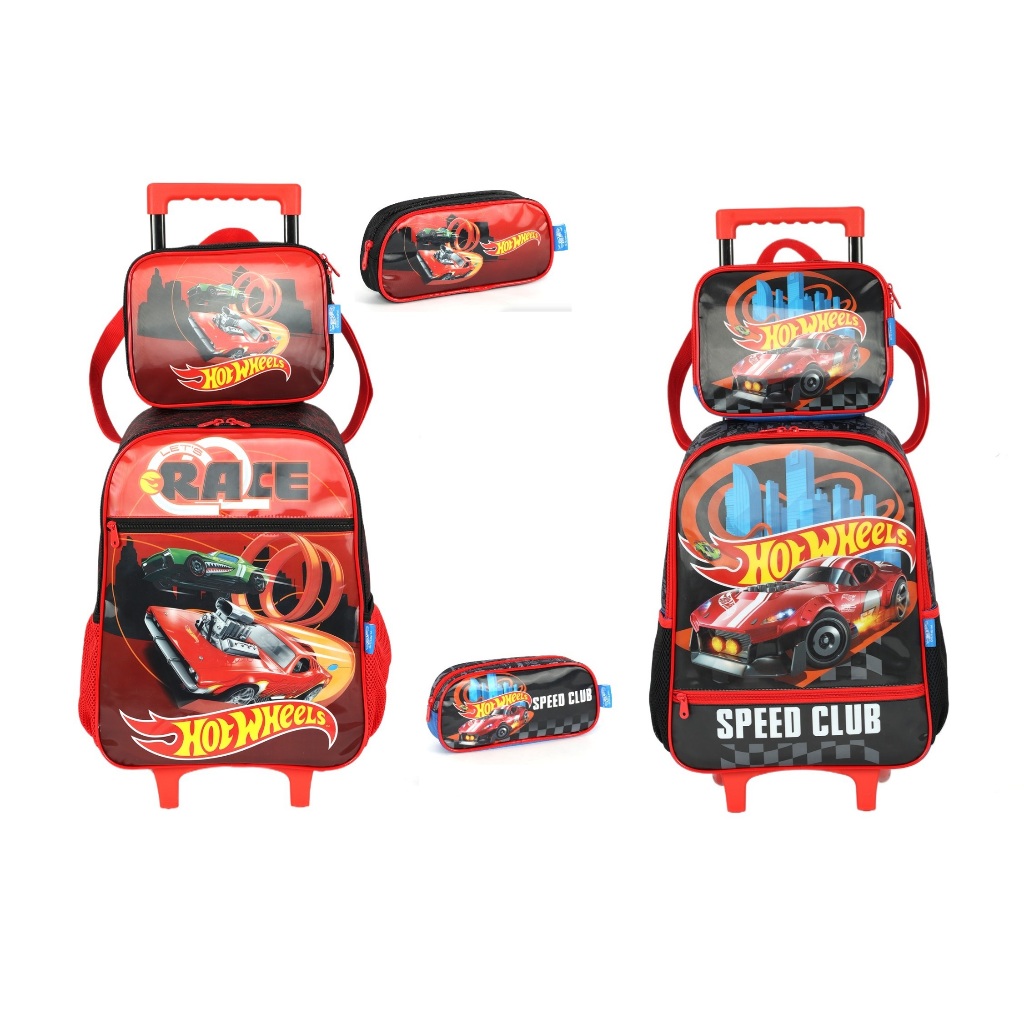 KIT MOCHILA CARRINHO ESCOLAR CARROS HOT WHEELS 50177 ORIGINAL DIA A DIA LANCHEIRA ESTOJO