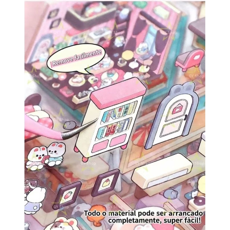 Livro de Adesivo 3D Infantil com 8 Canários + Pinça Caderno de Decoração Criativa para Criar Mini Mundo