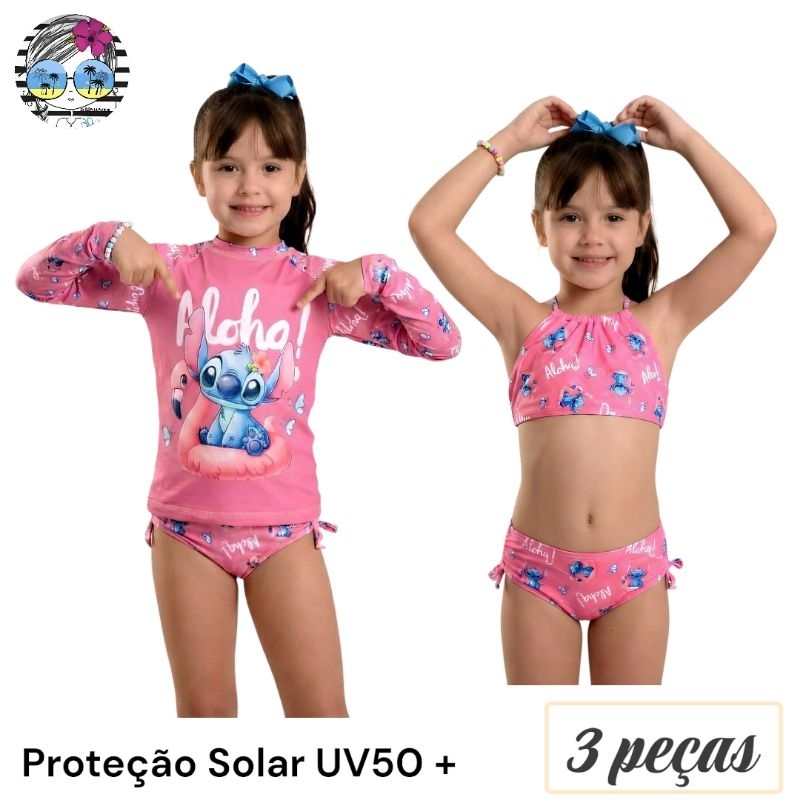 Biquíni e Blusa Infantil com Proteção Solar Uv50+  Kit 3 peças Personagem Stitc Conjunto Biquini e Camisa Praia e Piscin