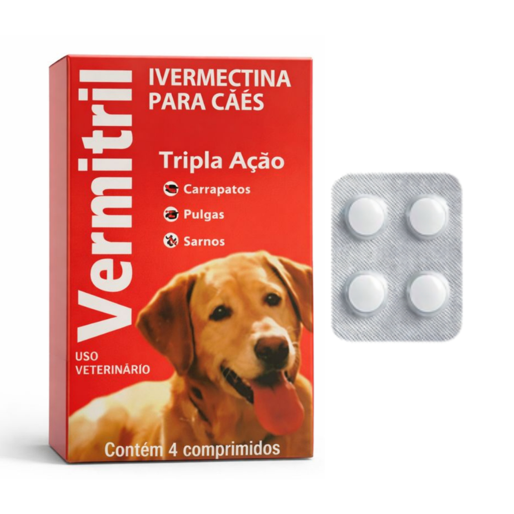 Ivermectina 3mg Vermitril P/ Cães de 7,5kg a 15kg - 4 Comprimidos Antiparasitários