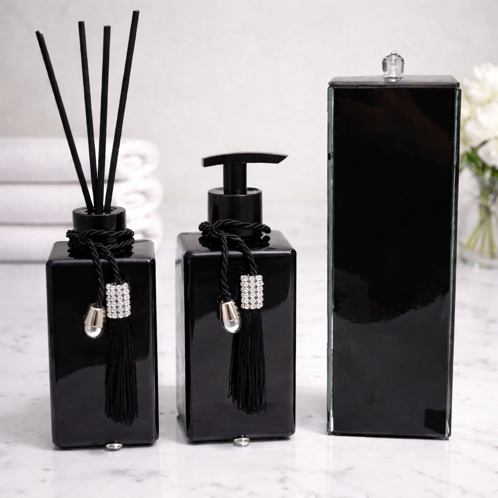 Kit Lavabo Luxo Vidro com Porta Escova de Dente - Square Preto em Oferta na Shopee