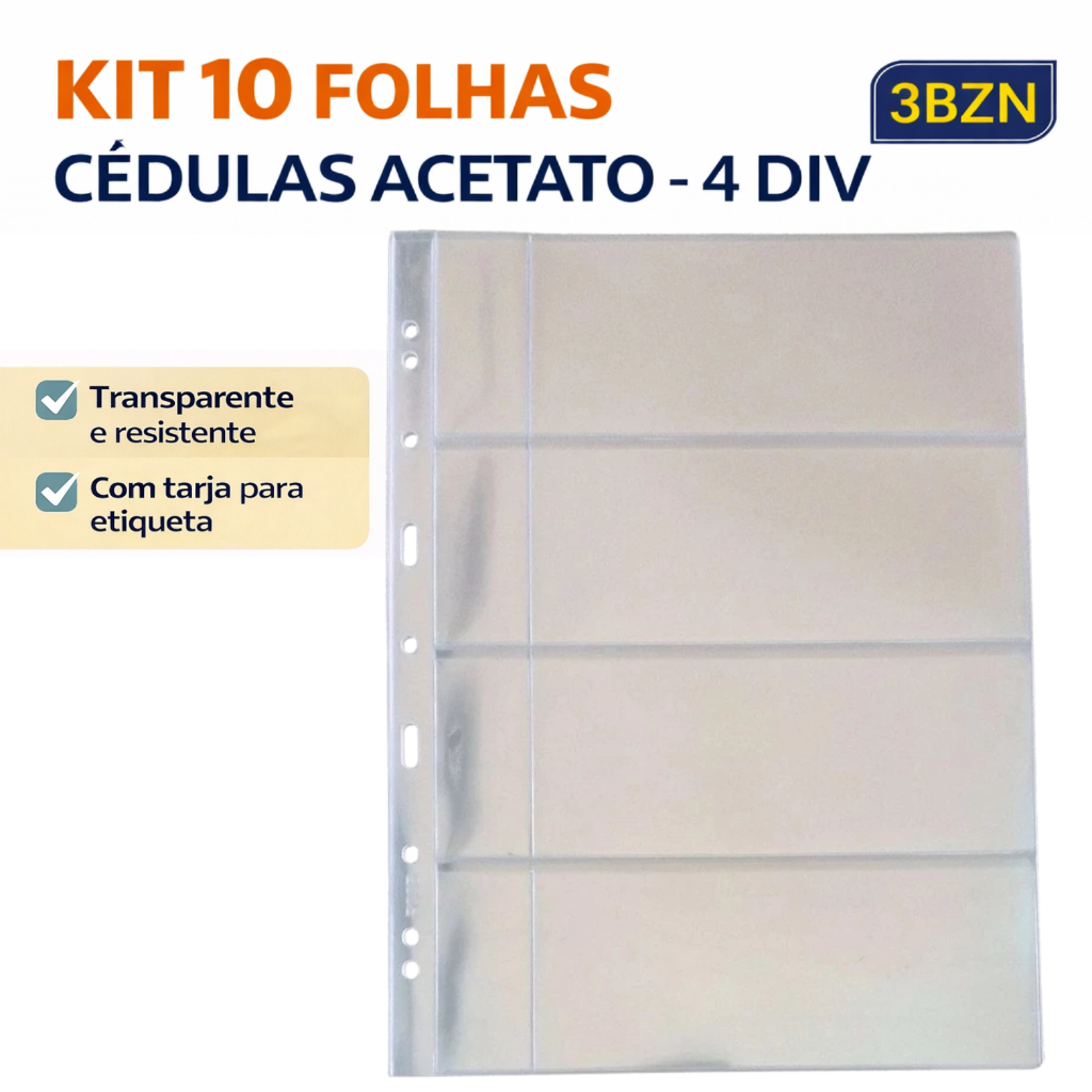 10 Folhas Plástico Cédula Acetato 3BZN/mingt 4 Divisões Com Porta Etiquetas