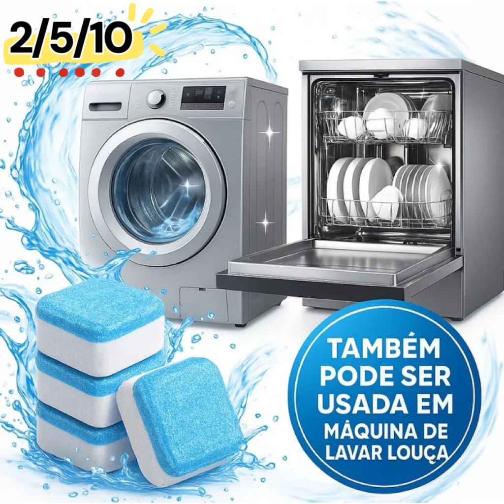 Imagem Pastilhas para Limpeza de Máquinas de Lavar Roupas Efervescentes Multifuncional KIT2/5/10