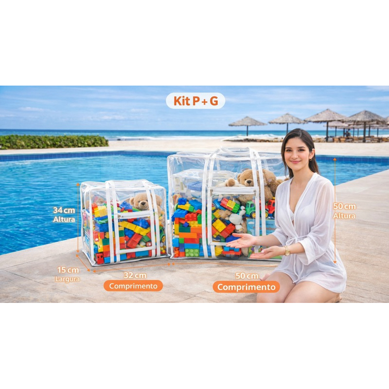 kit com 10 Bolsa Transparente 100% PVC/Piscina/Praia/Enfermagem/Jumbo/Multiuso