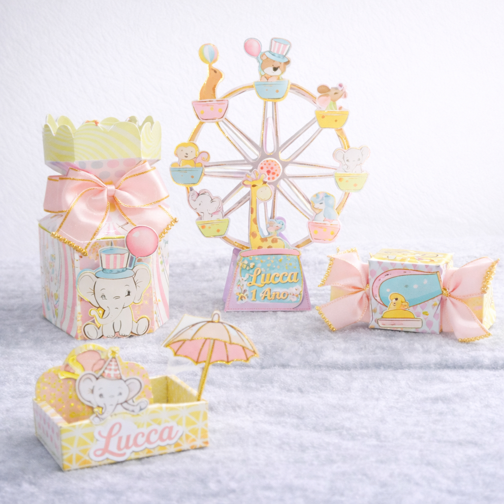 Kit 20 Lembrancinhas Circo Rosa Personalizado | Kit Festa Infantil | Aniversário | Caixa Milk | Pirâmide | Caixa Bala