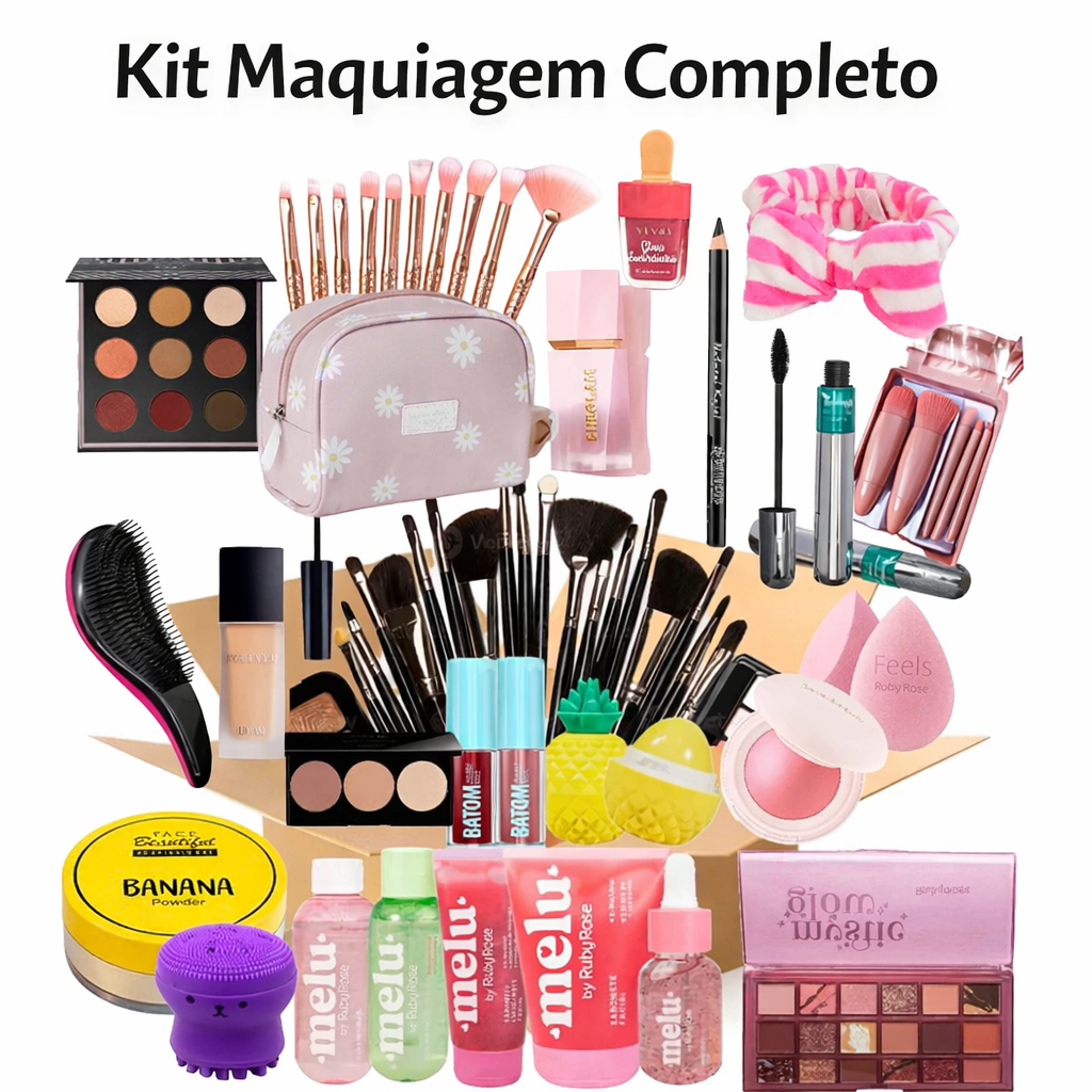 Kit 18 itens Maquiagem Completo para Presente | Base Batom Gloss Ruby Rose | 7, 18 ou 25 Itens | Acessórios, Skin Care