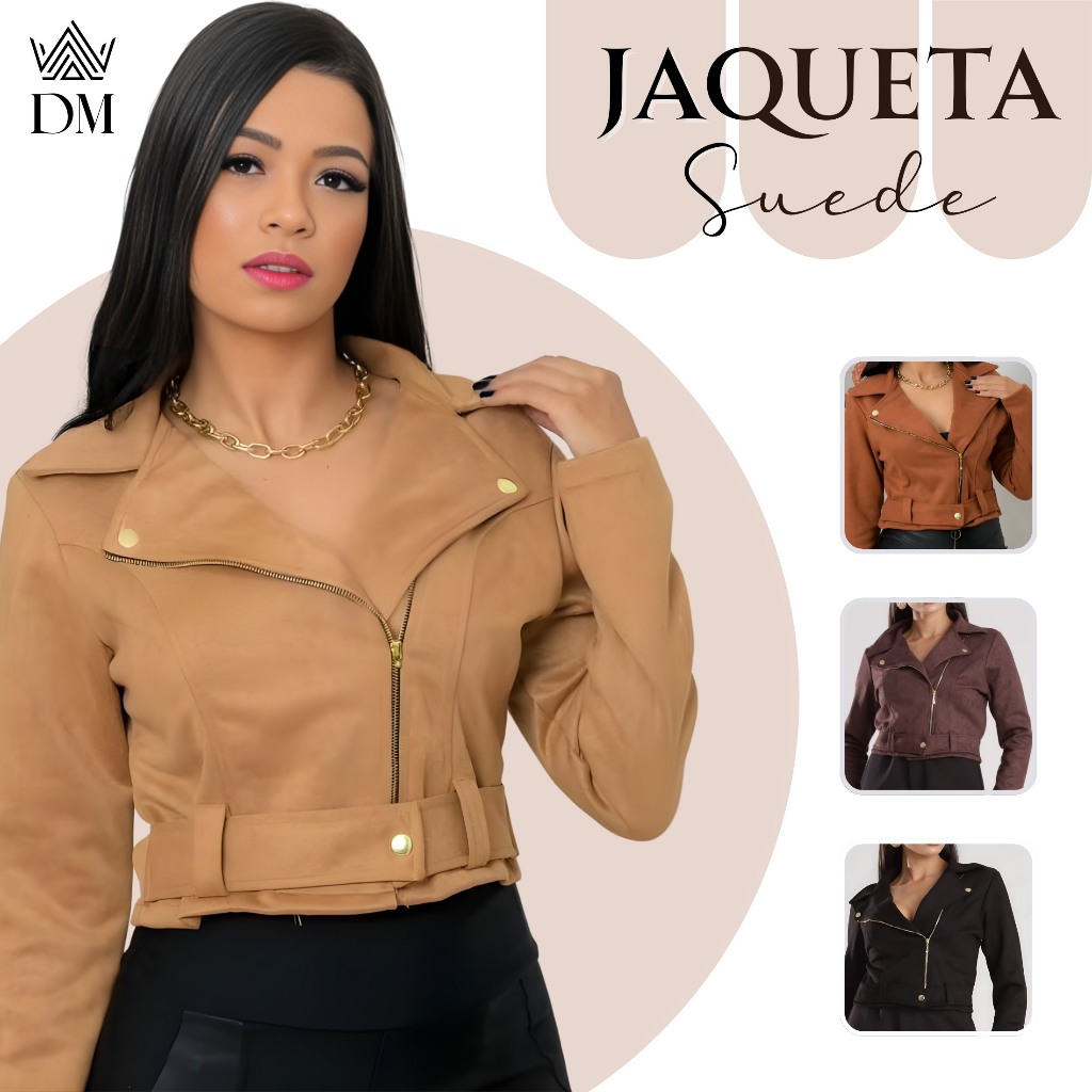 Jaqueta Premium Suede Feminina com Botões e Ziper em Oferta na Shopee