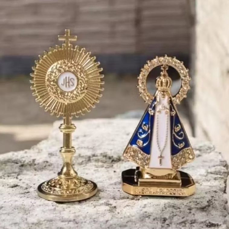 Kit Ostensório de Mesa JHS Eucaristia+ Mini Imagem de Nossa Senhora Aparecida Dupla Face