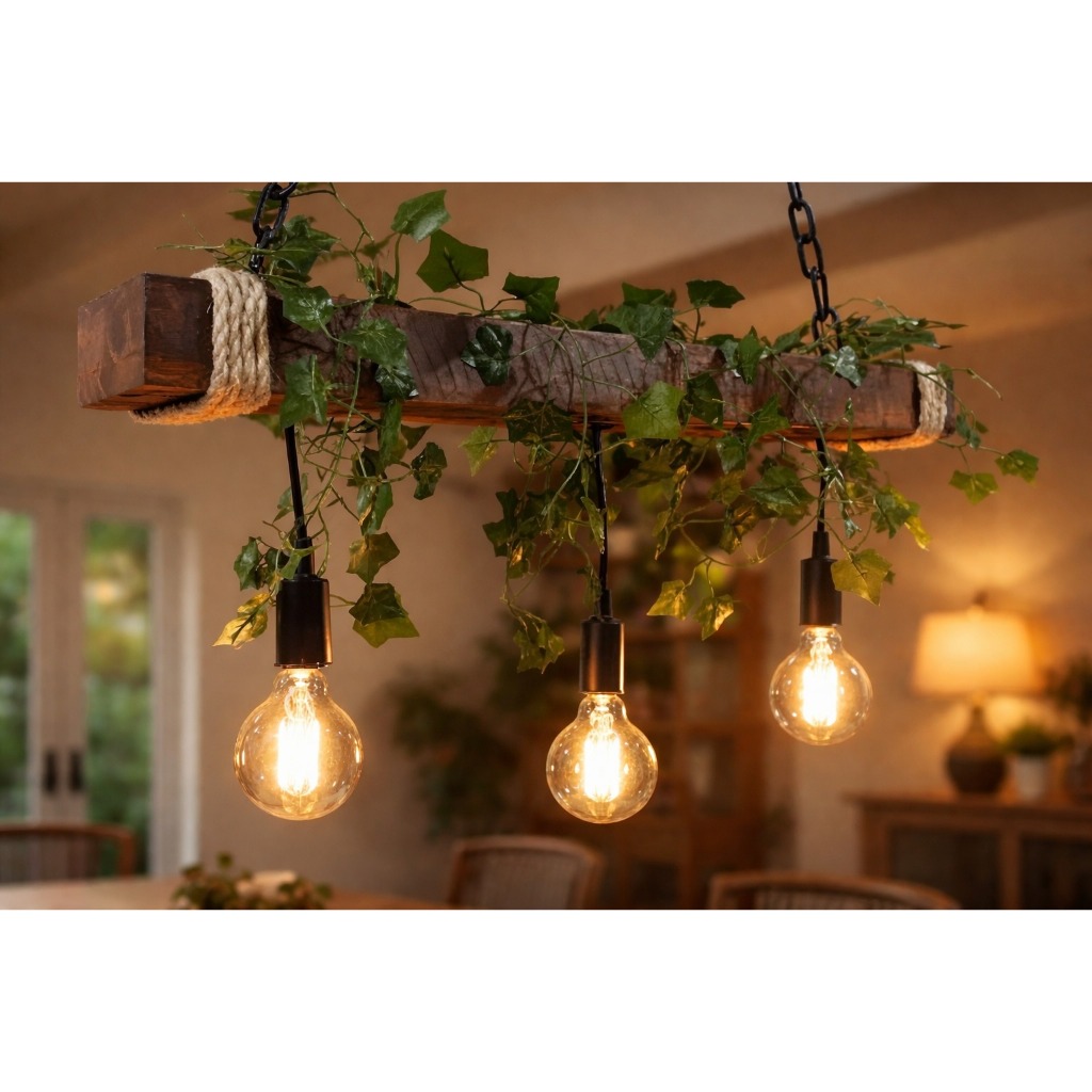 Luminária Caibro Rustico Madeira 3 lâmpadas Com Folhagem 67cm/sisal em Oferta na Shopee