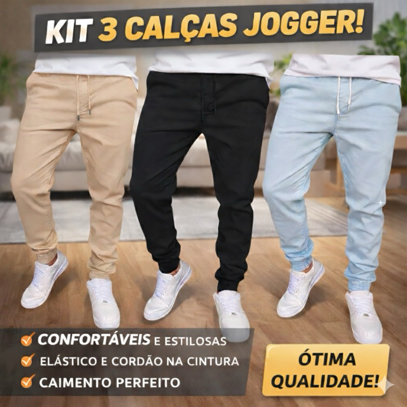 Kit com 3 Calças Masculinas Jogger Com Cordão E Elástico