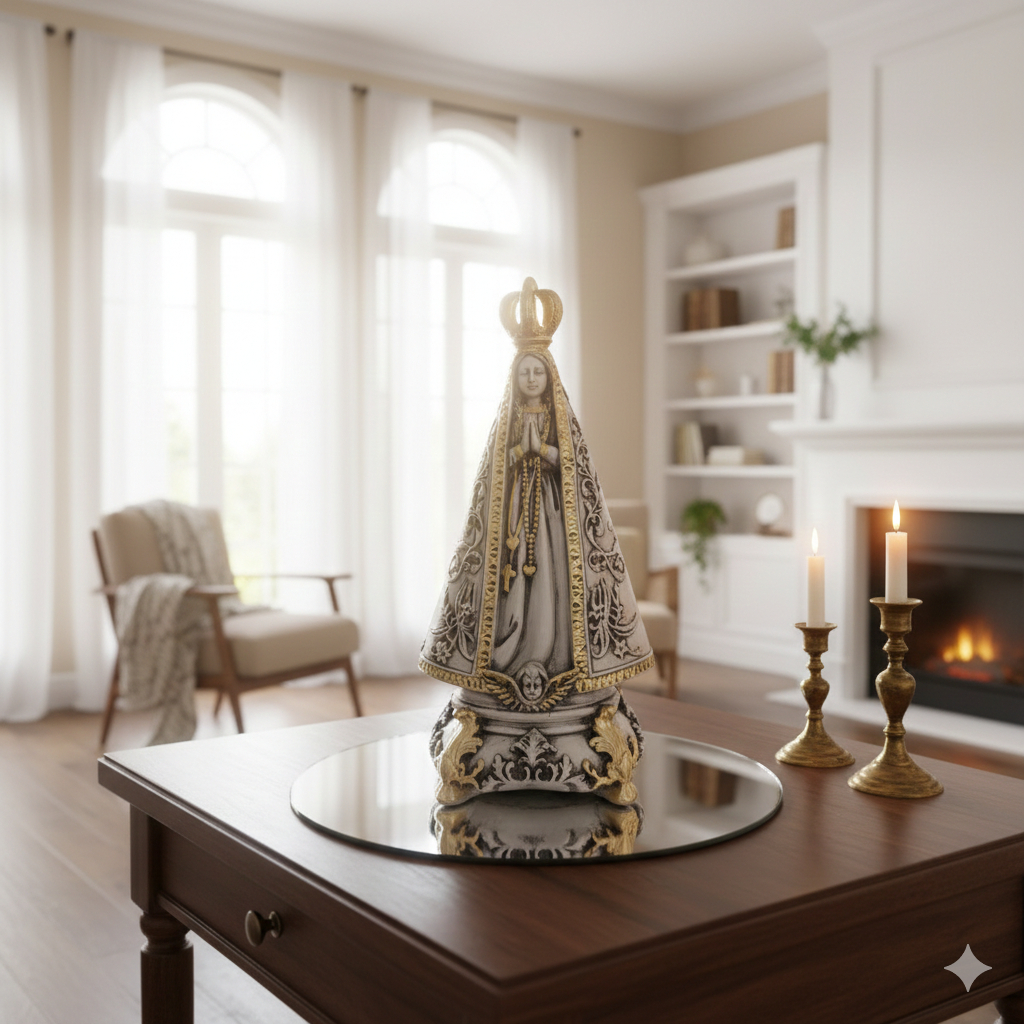 Imagem Nossa Senhora Aparecida em Gesso com Base Marmorizada Religiosa Decorativa Católica