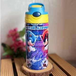 Garrafa térmica Sonic e Shadow, garrafa personalizada com nome, aço inox com bico de silicone e canudo