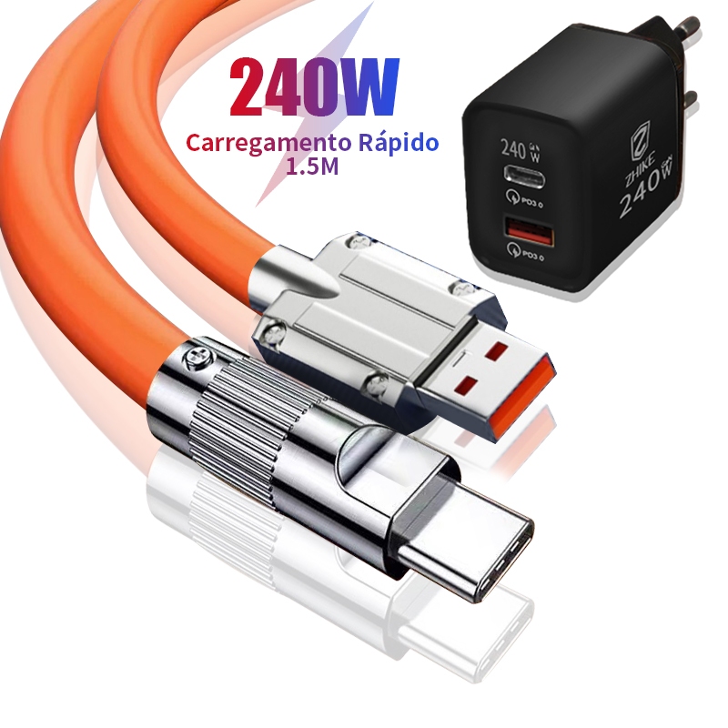 Cabo Carregador Carregamento Rápido USB-A Para Tipo C V8 1,5 Metros Silicone Cabo Com Adaptador GaN de 240 W em Oferta na Shopee