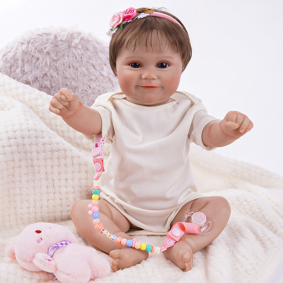 Bebê Reborn 48cm Menina Silicone Boneca Maddie Olhos Castanhos Pode dar Banho