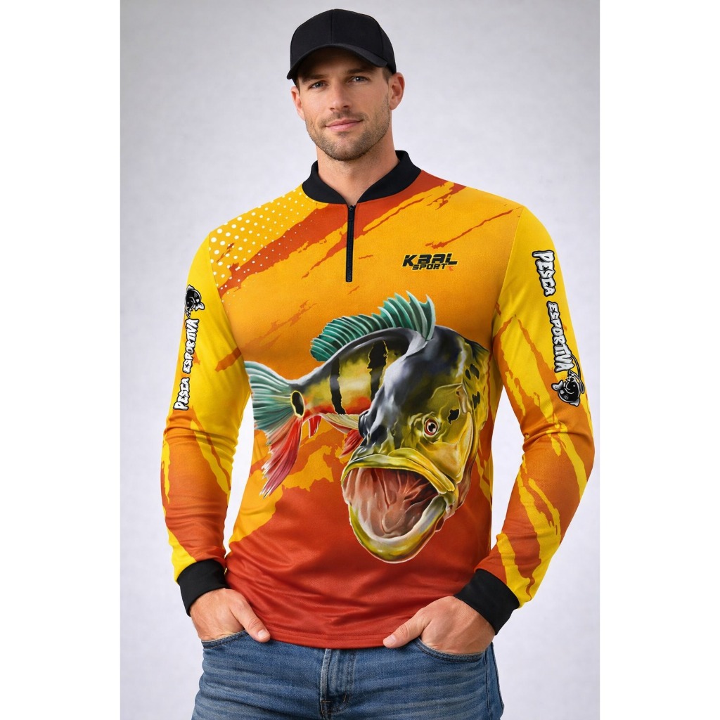 Camisa Camiseta Blusa de Pesca Tucunare amarelo Cinza Proteção Solar Uv50+ DryFit Play Pesca