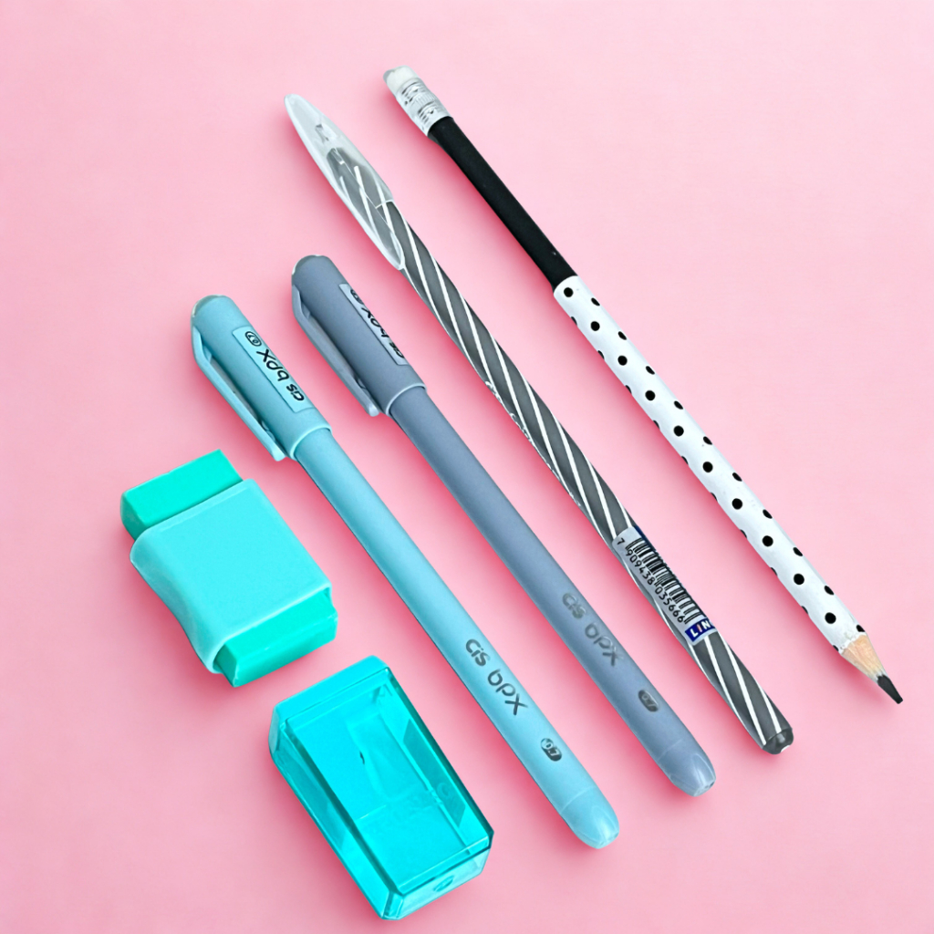 Kit Papelaria 6 Itens – Canetas CIS BPX, CIS Spiro GEM, Lápis, Borracha e Apontador