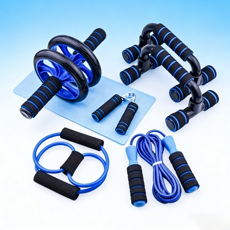Kit Fitness 6 em 1 Roda Abdominal Flexão Corda Elástico Hand Grip Tapete Treino em Casa