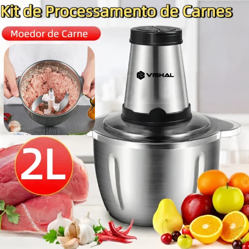 2 Litro Inox Triturador De Alimentos Carne e Legumes Elétrico Multiprocessador 2 Modos Bivolt Fácil De Limpar