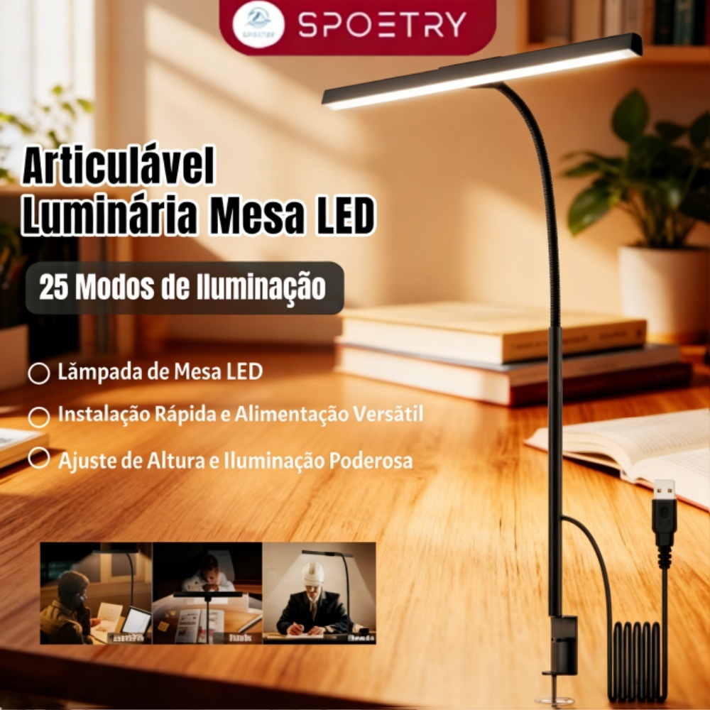 Articulável Luminária Mesa LED - Ideal para Escritório, Quarto, Estudo e Leitura com Toque Suave em Oferta na Shopee