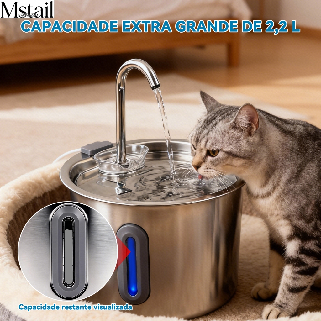 Mstail 2.2L Bebedouro De Água Para Gatos Fonte 5V Em Aço Inoxidável Dispensador De Estimação Janela Transparente Design