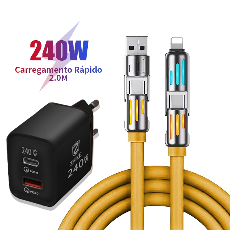Cabo Carregador Carregamento Rápido Redondo 4 em 1 USB Tipo C Micro USB V8 Com Adaptador GaN de 240 W Silicone 2.0M Cabo em Oferta na Shopee