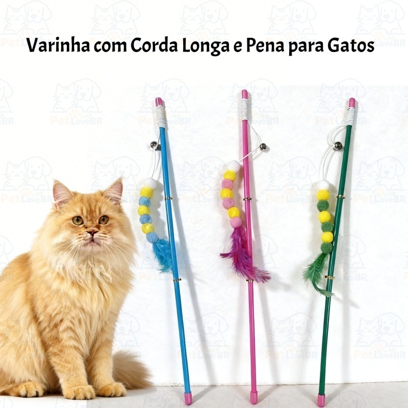 Varinha com Pena e Bolinha com Guizo Brinquedo Interativo para Gatos Elástico, Colorido e Estimulante-Pronta entrega